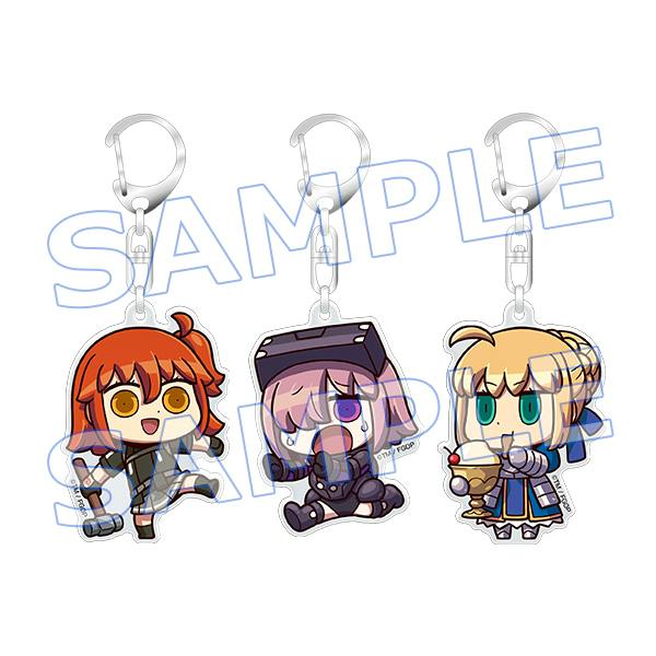Three acrylic charms showing chibi character illustrations, each attached to a metal clasp, with a SAMPLE watermark.