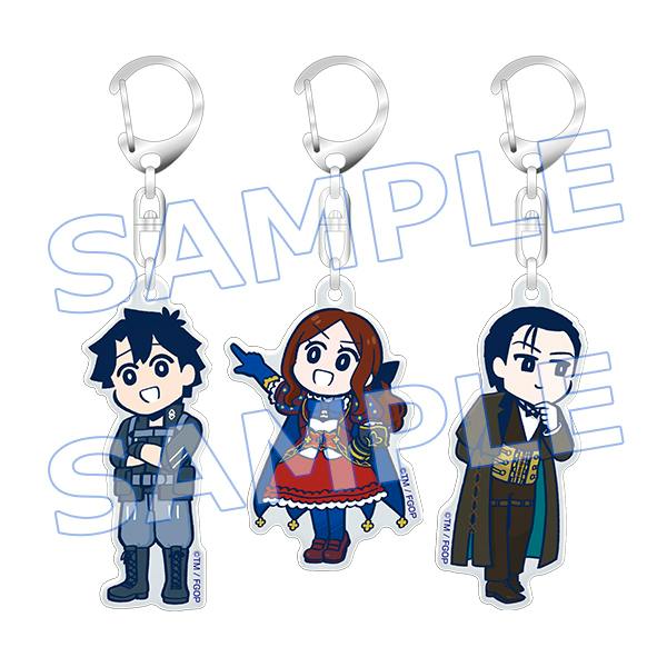 Three acrylic charms showing the three illustrated characters with attached metal key rings.