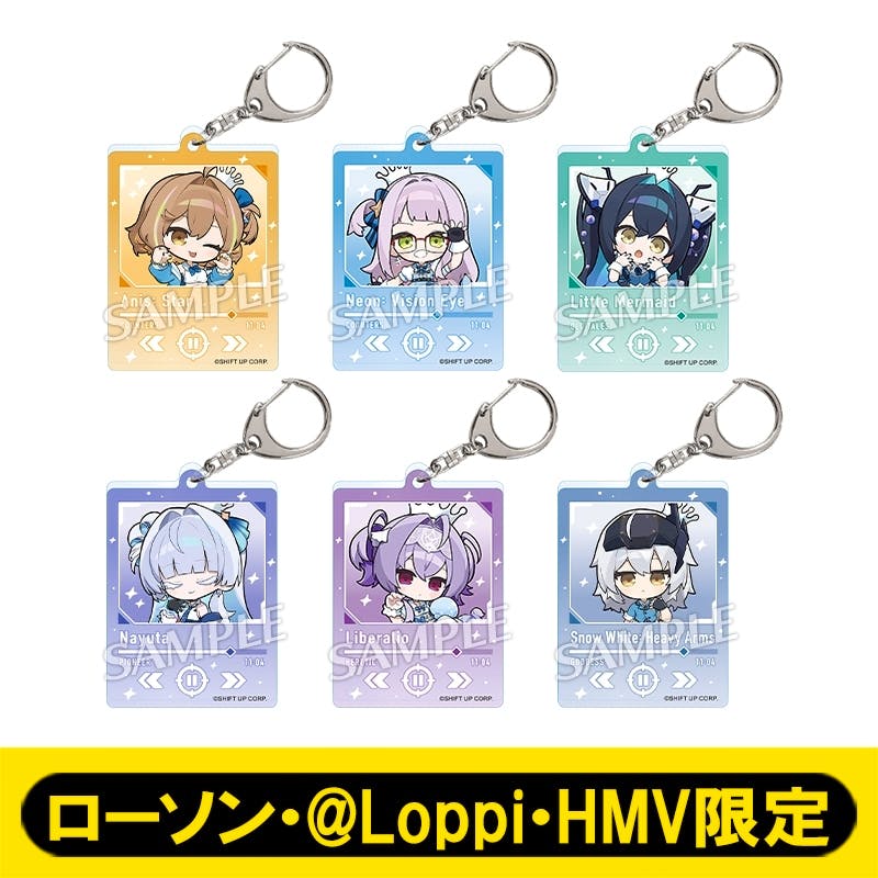 Complete set of six acrylic character keychains shown in two rows, each with a metal clasp and a yellow promotional banner at the bottom.