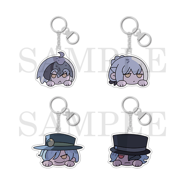 Four acrylic keychains showing four chibi character head designs with metal rings on a white background.
