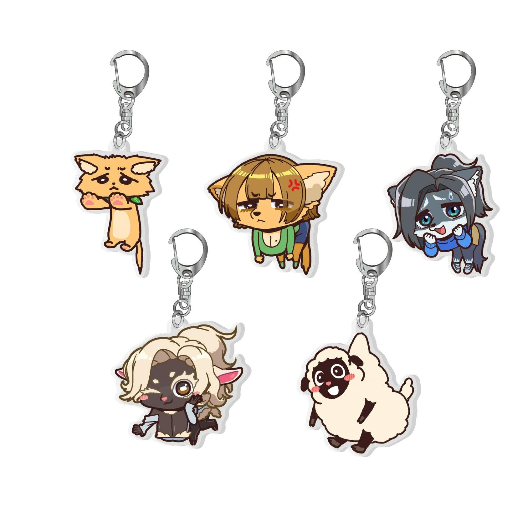 Several acrylic keychains featuring chibi animal characters arranged on a white background.