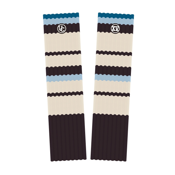 Two knit arm covers laid flat on a white background, showing cream, brown, and blue stripes and small circular logos.