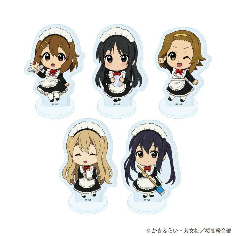 Five acrylic petit stand figures showing chibi TV anime 'K-On!' characters in maid outfits displayed on a white background.