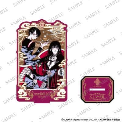 A colored acrylic stand panel with illustrated characters shown next to its separate rectangular base.