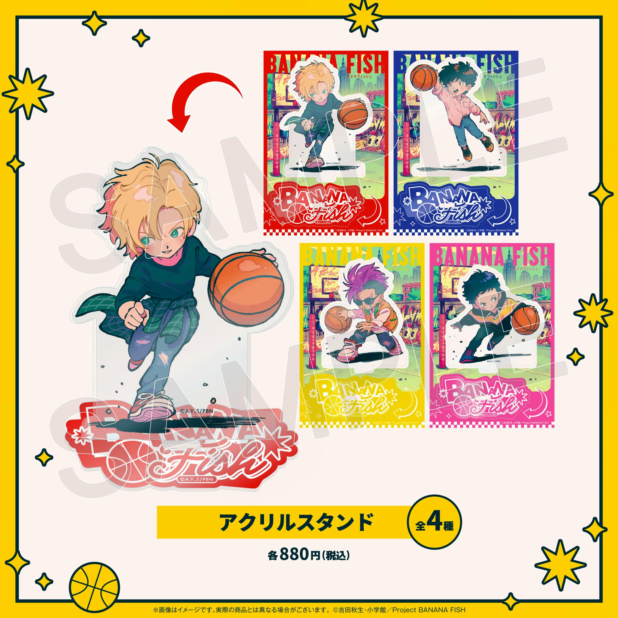 Promotional artwork showing several character acrylic stands with colorful backing cards and price.