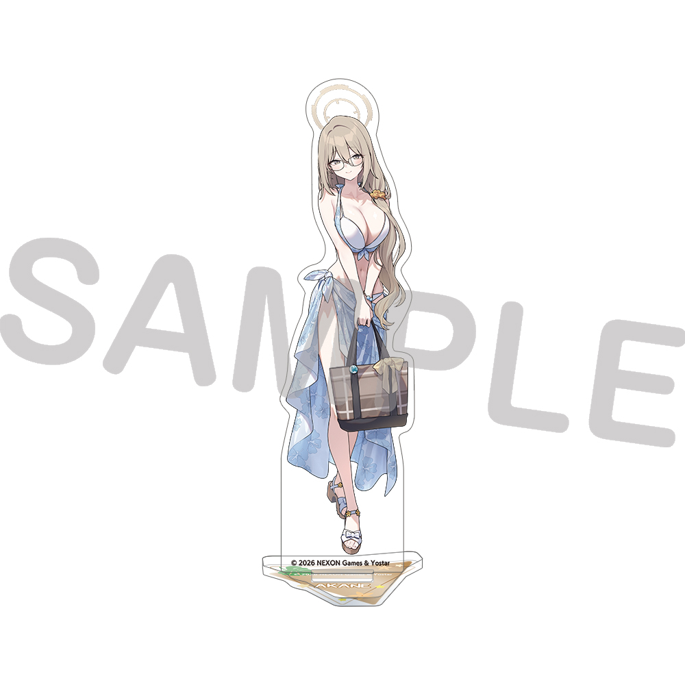 A clear photo of the acrylic stand showing the character Akane in a swimsuit and wrap, holding a bag, on a white background with a "SAMPLE" watermark.