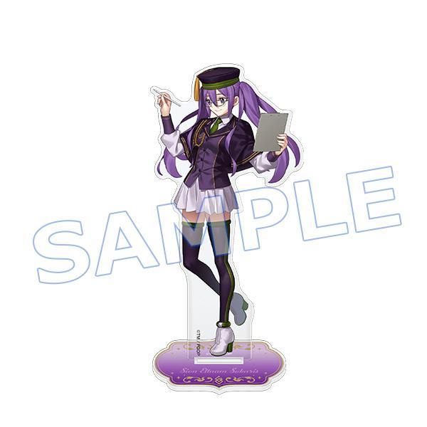 Single acrylic stand featuring a purple-haired anime character in a uniform holding a tablet on a purple decorative base.