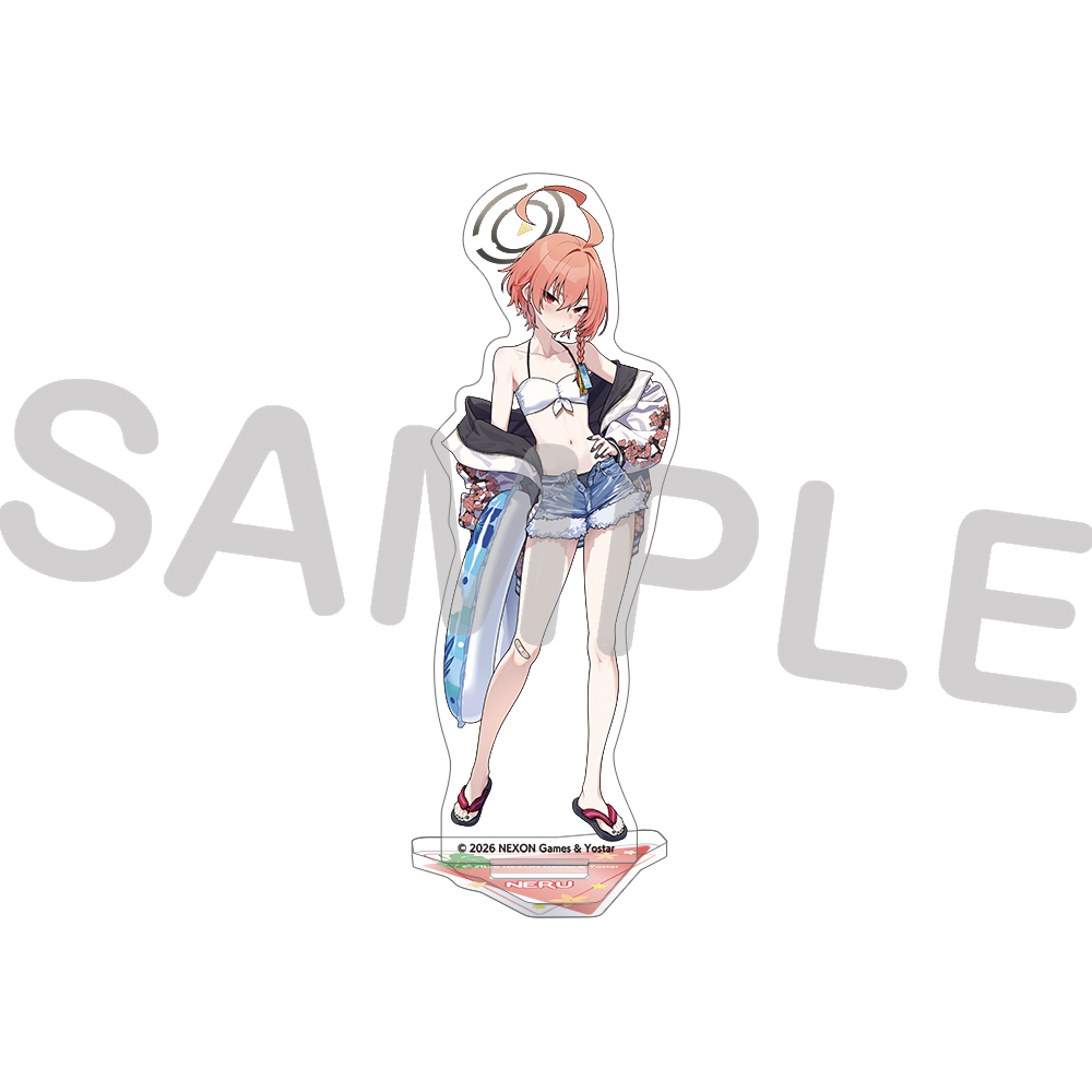 Acrylic stand of the character Nel wearing a bikini top, shorts, and a jacket shown on a white background with its display base.