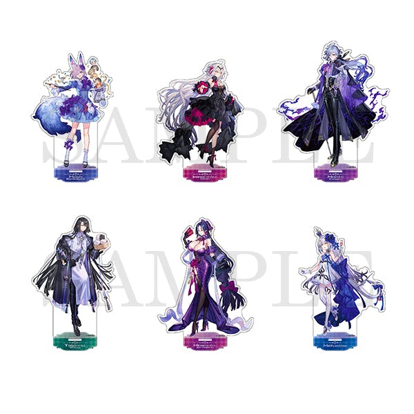 Six acrylic character stands (all six designs) displayed on a white background.