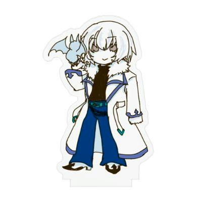 Acrylic stand showing a chibi character in a long coat holding a small dragon figure.
