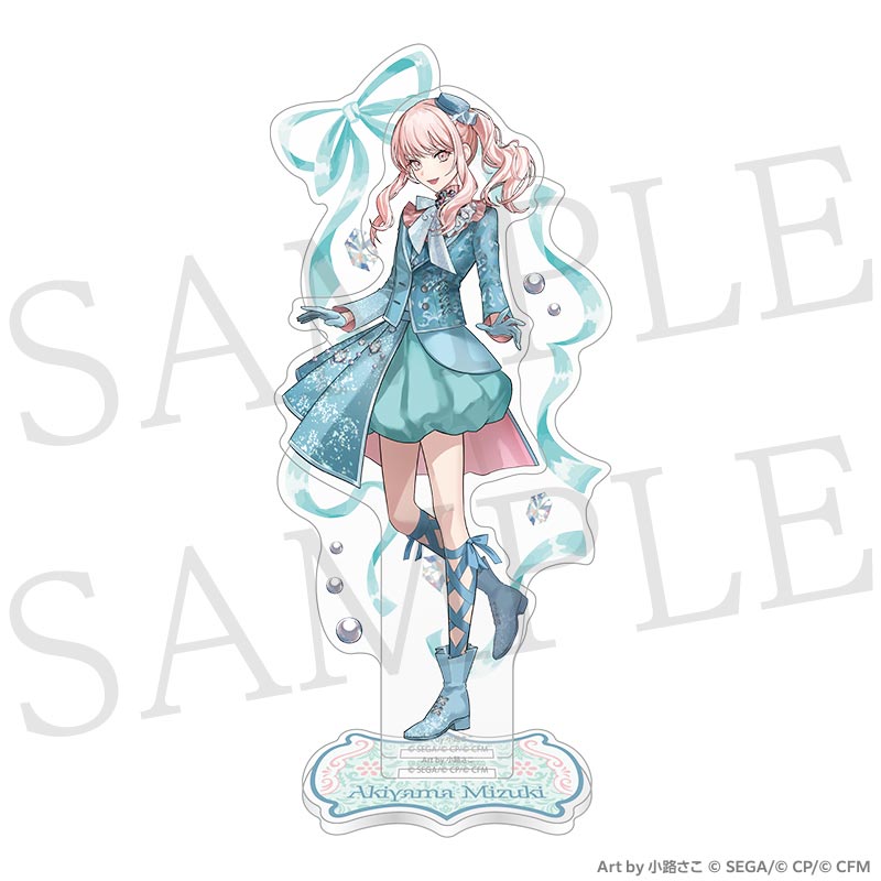 Front view of the acrylic stand featuring a pink-haired female character in a teal outfit standing on its decorative base against a white background.
