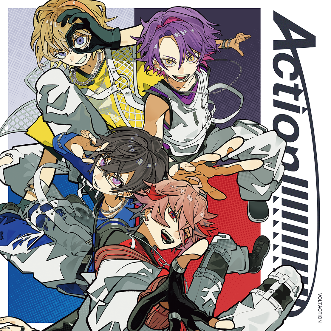 CD cover art illustration of four energetic anime-style characters in colorful outfits with the word "Action!!!!!!!!!!!!" along the right edge.