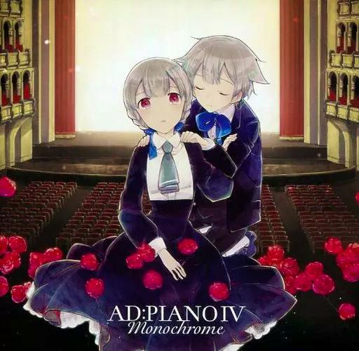 Illustrated CD cover art showing two seated characters on a theater stage surrounded by roses with the text "AD: PIANO IV Monochrome".