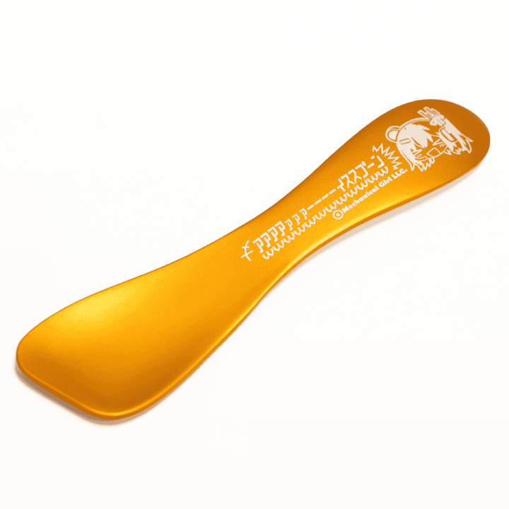 Orange metal ice spoon with a printed character and Japanese text on the handle.