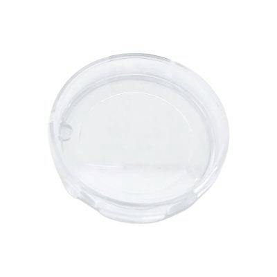Clear round plastic protective case for a can-badge shown on a white background.