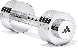Single chrome adjustable dumbbell with a knurled handle and Adidas logo on the end cap.