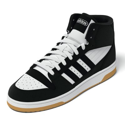 Adidas BREAK START MID black-and-white high-top sneaker with a gum-colored sole shown at a three-quarter angle.