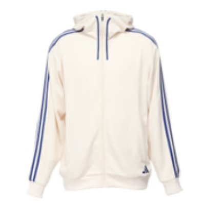Front view of a men's adidas hooded jacket in cream with blue three-stripes along the sleeves and a full-length zipper.