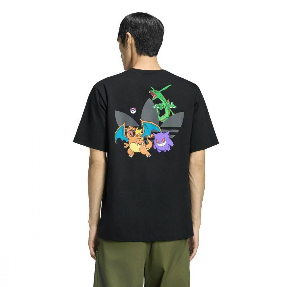 Back view of a black adidas Pokémon cotton T-shirt worn by a model, showing a large printed graphic on the back.