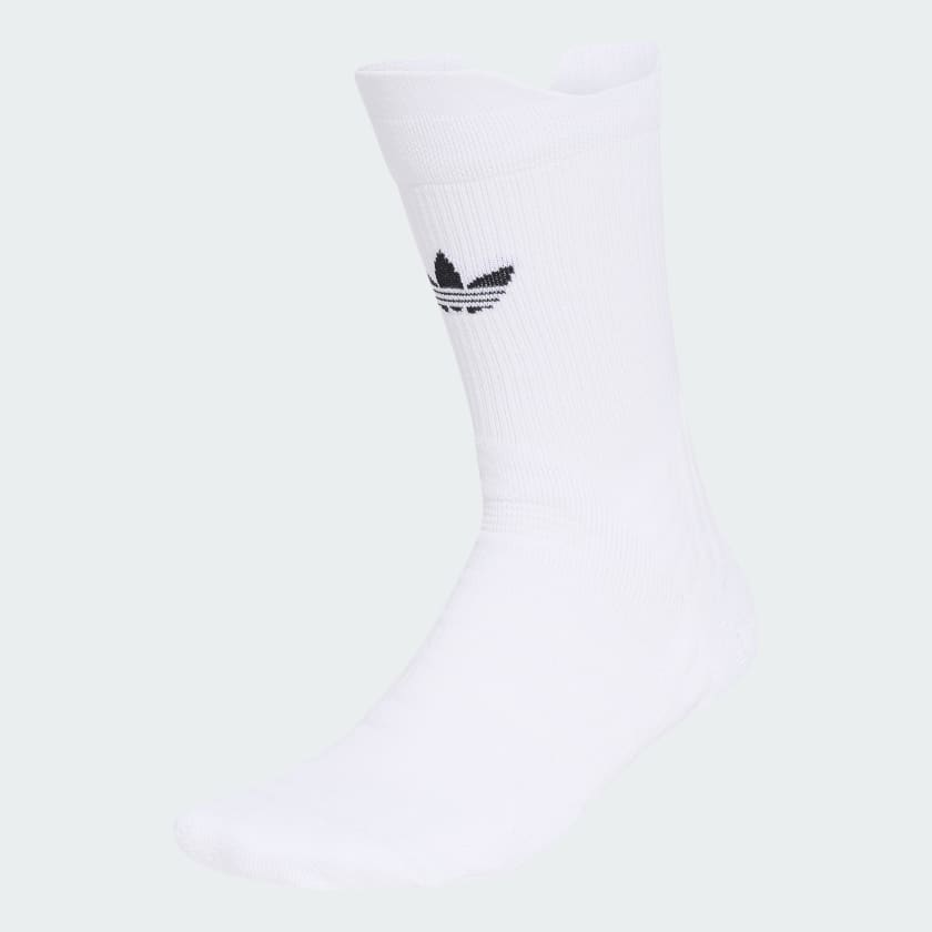 White men's cotton crew sock with a black Adidas trefoil logo on a light background.