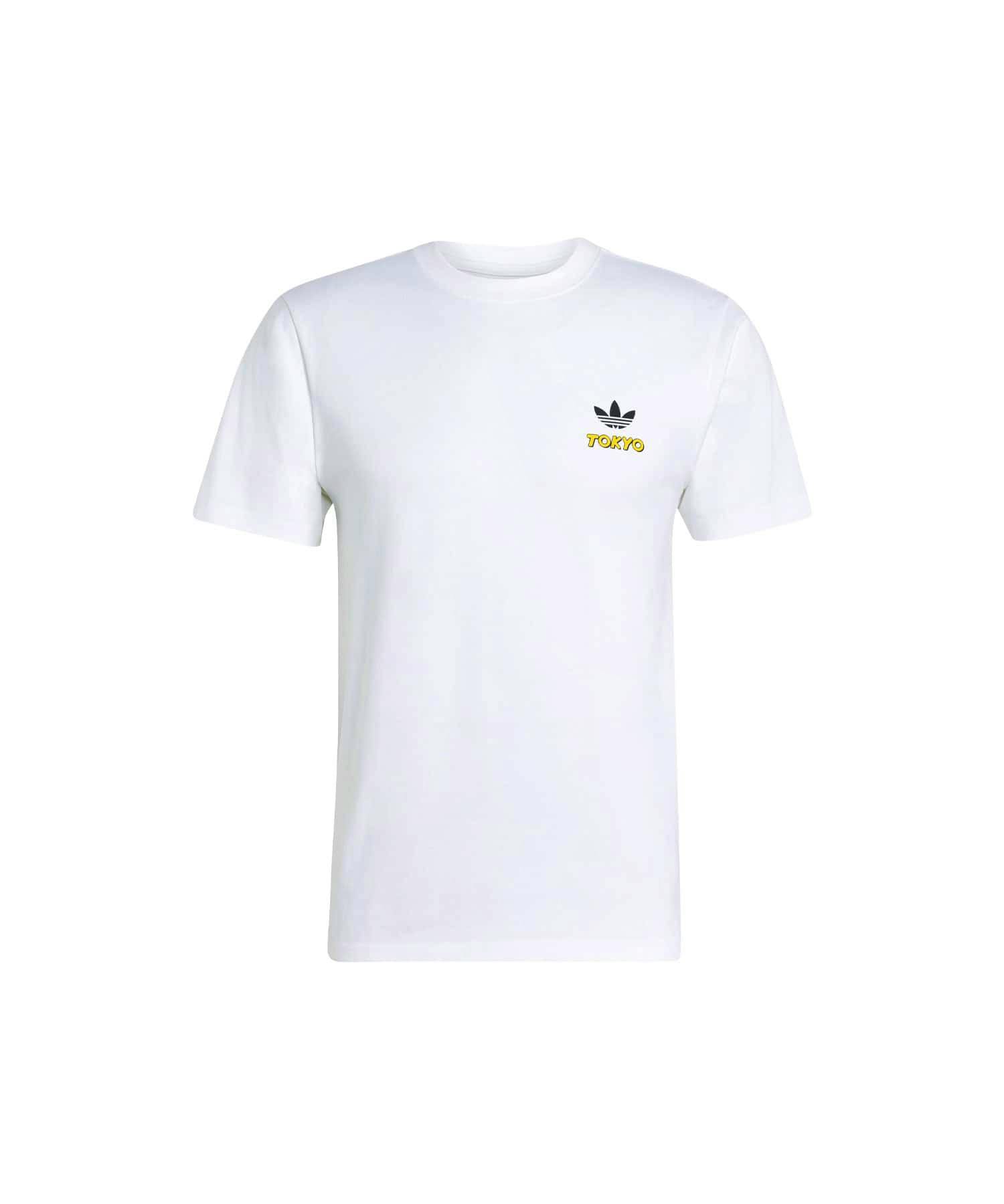 White adidas POKEMON TEE TOKYO1 T-shirt shown front-on with a small trefoil logo and yellow "TOKYO" text on the left chest.