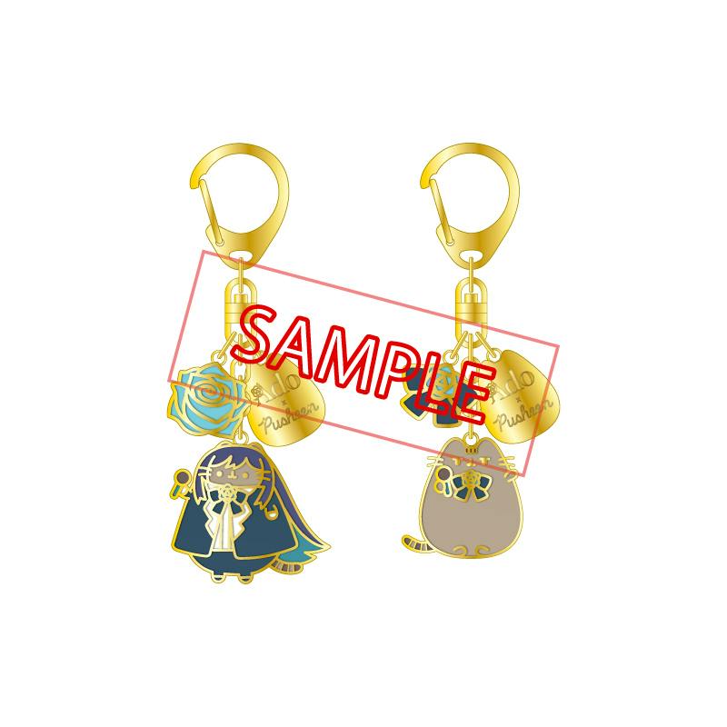 Illustrated front and back views of the Ado x Pusheen "KIRARI" metal keychain with multiple charms and a gold-tone clasp, overlaid by a red "SAMPLE" watermark.