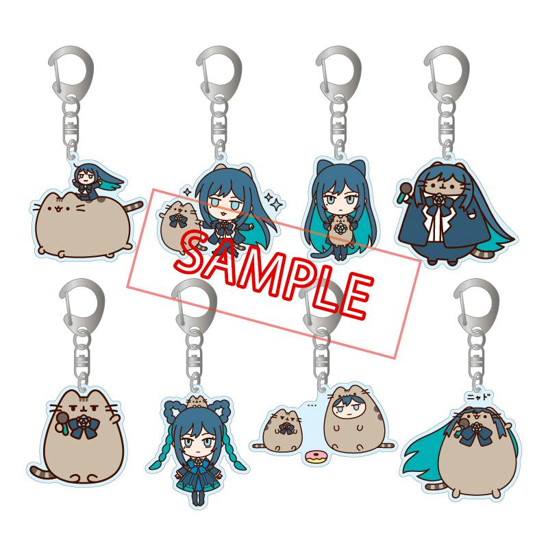 Multiple Ado x Pusheen acrylic keychain designs shown on a white background with a red "SAMPLE" stamp.