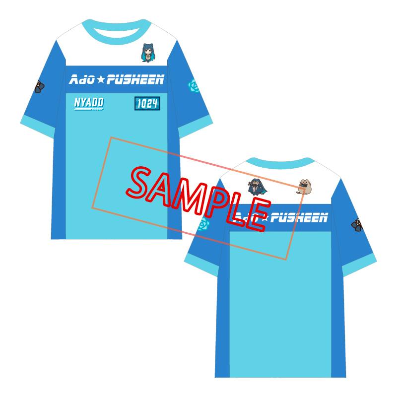 Front and back illustration of a blue Ado x Pusheen men's polyester T-shirt with character graphics and a red "SAMPLE" watermark.