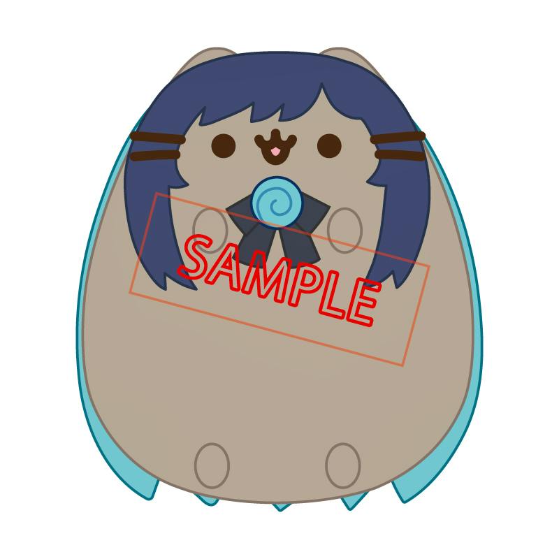 Illustration of the 9" Ado x Pusheen plush with blue hair, a blue lollipop accessory, and a red "SAMPLE" watermark.