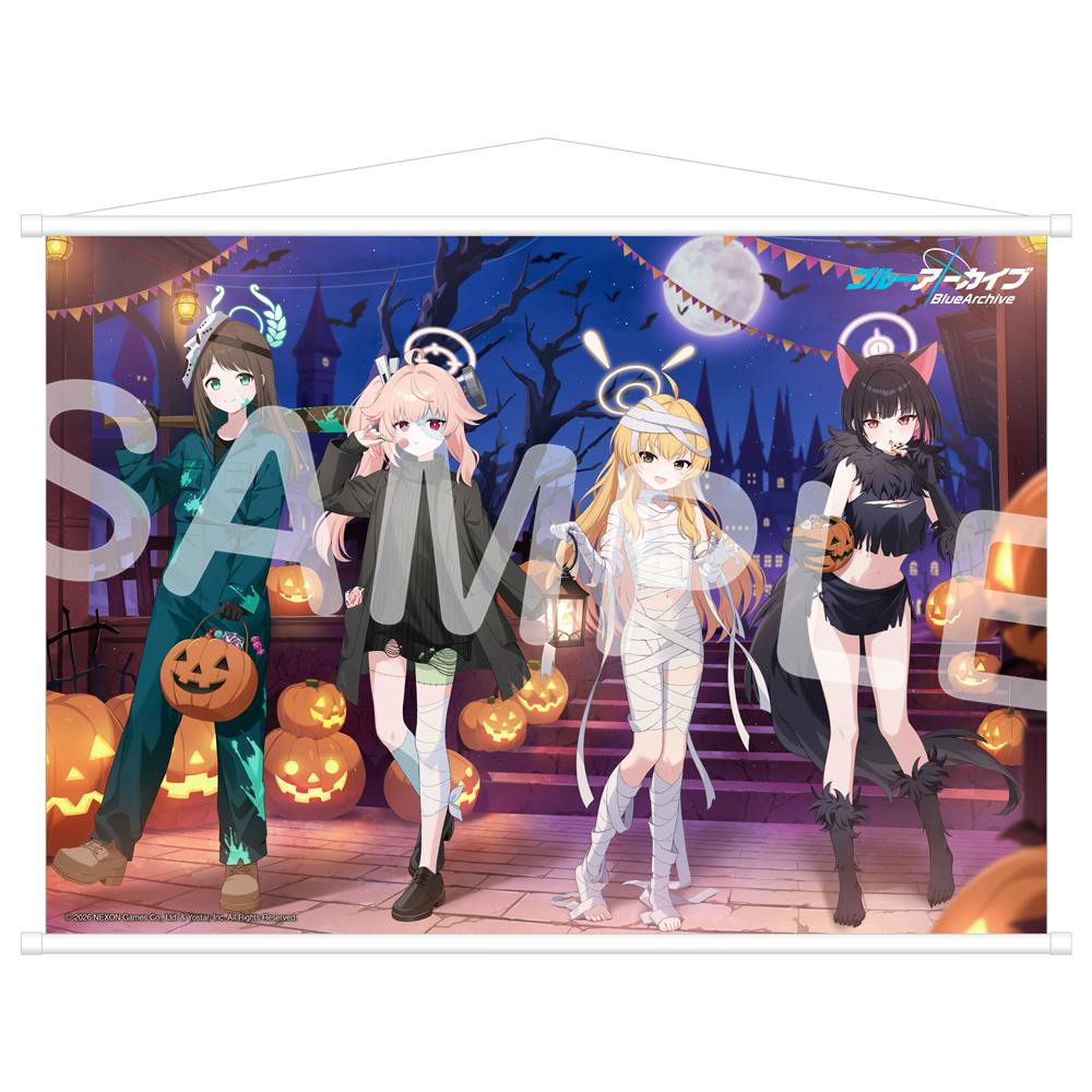 B2 tapestry depicting four anime characters from 放課後スイーツ部 in Halloween costumes with jack-o'-lanterns and a visible SAMPLE watermark.