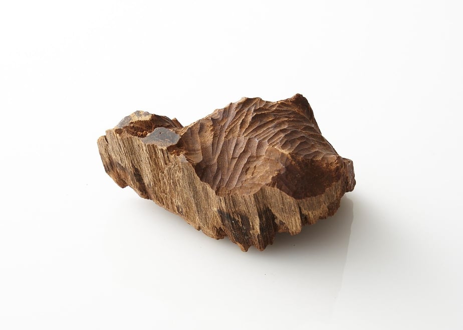 A single piece of dark brown incense wood (沈香) displayed on a white background.