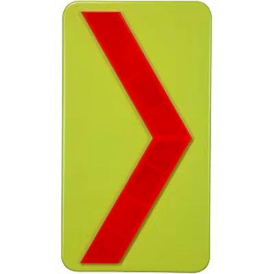Yellow rectangular metal guiding sign (car number plate style) with a red chevron arrow.