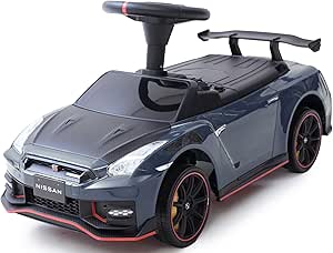 Gray Nissan GT-R Nismo ride-on toy with a steering handle and rear spoiler.