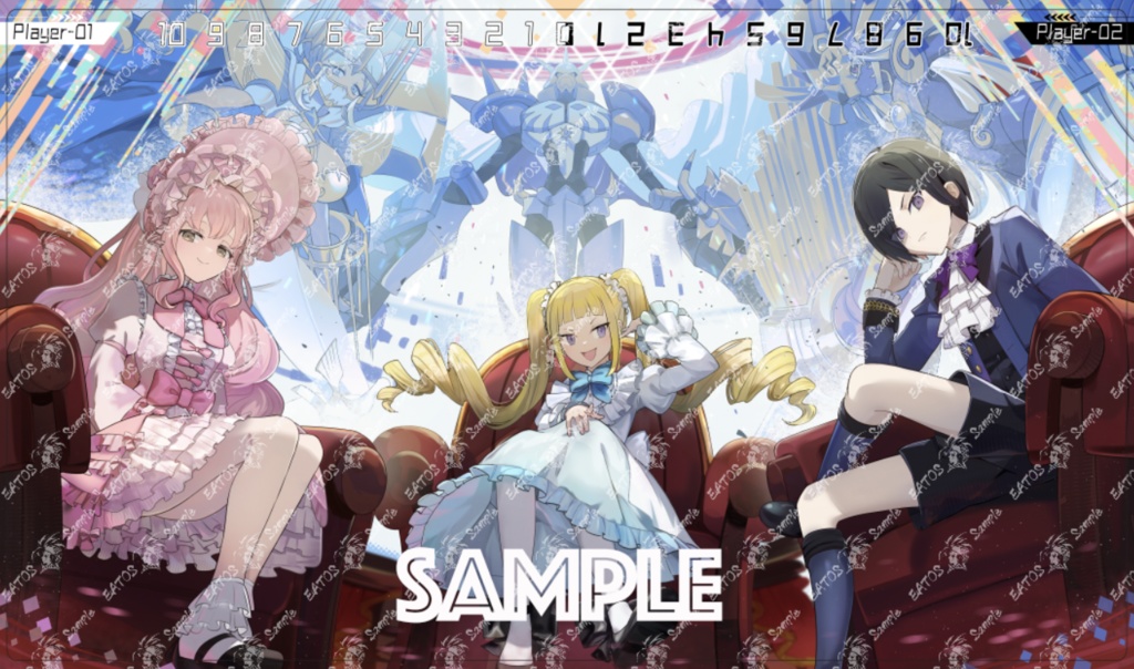 Playmat featuring an illustrated scene of three anime-style girls seated on red sofas with a mechanical robot in the background and a 'SAMPLE' watermark.