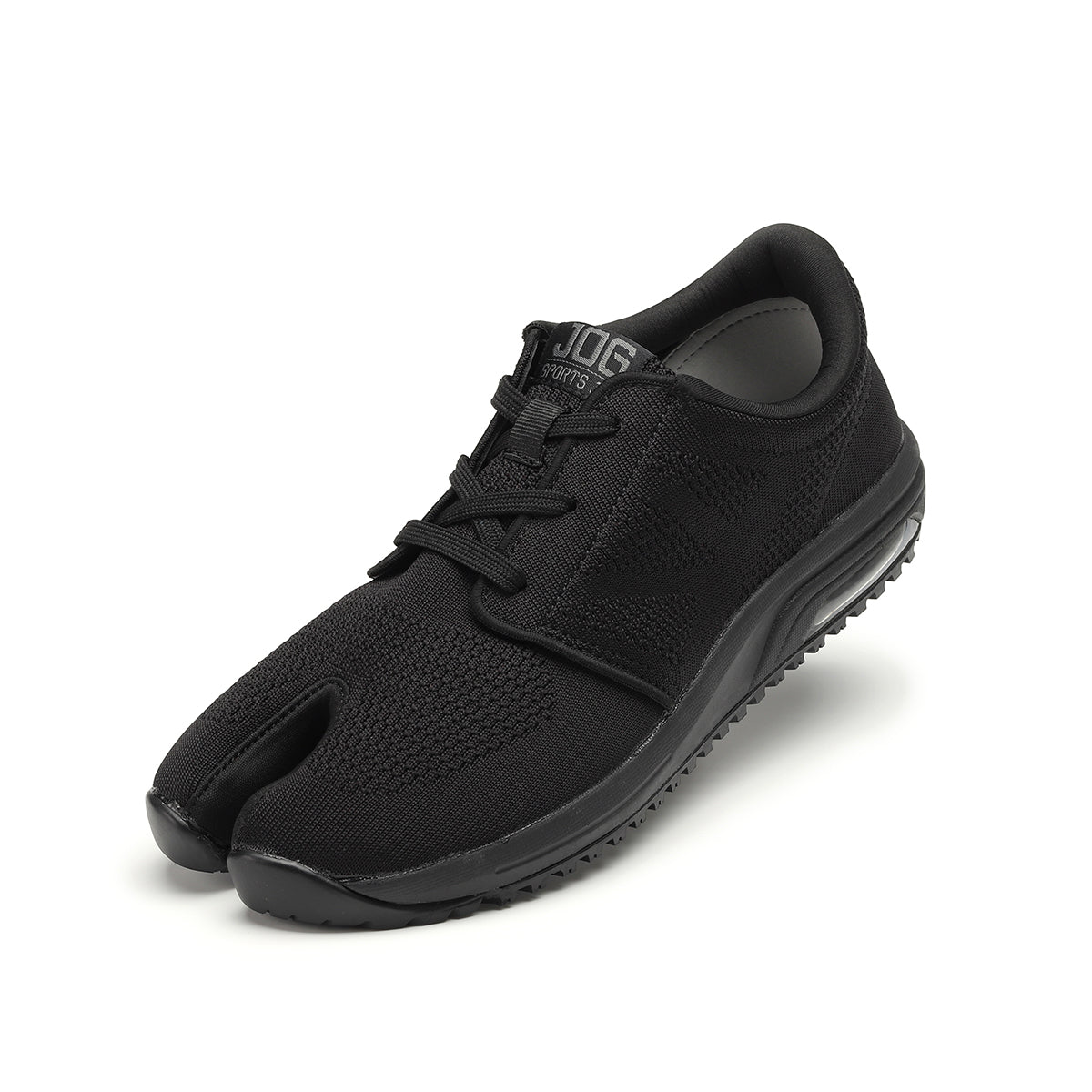Black sports shoe with a split-toe design, mesh upper, laces, and a cushioned midsole shown at an angle.