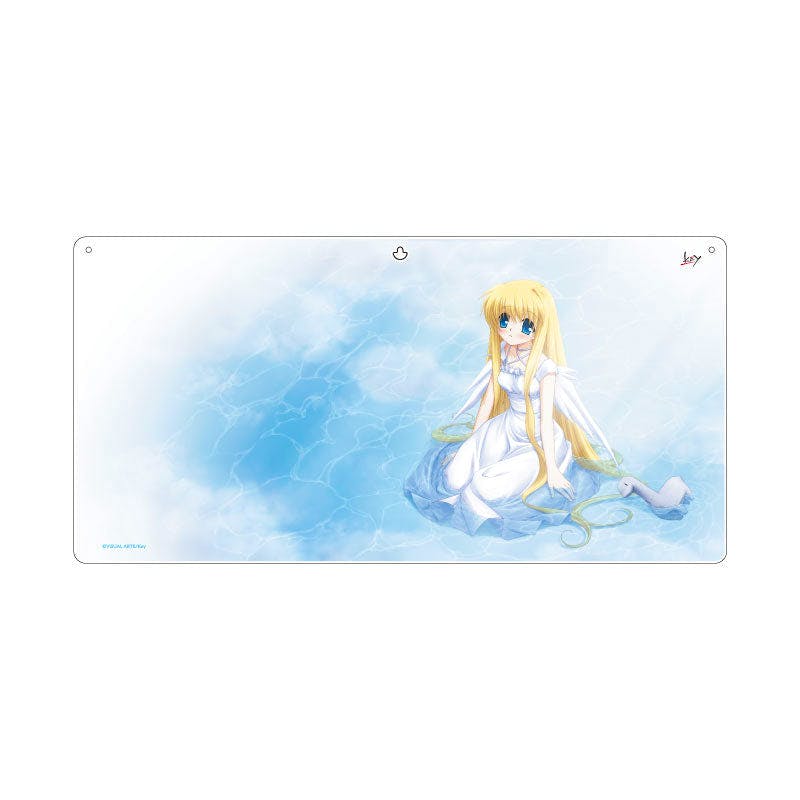 Front view of the acrylic panel showing an anime-style blonde girl in a white dress sitting on a blue water-like background.