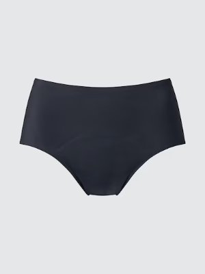 Dark-colored Airism absorbent high-waist women's nylon sanitary underwear displayed flat on a light background.