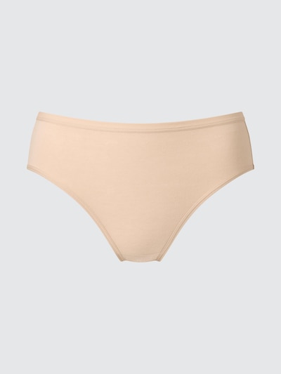 Beige mid‑waist women's sanitary shorts (Airism absorbent) shown flat on a neutral background.