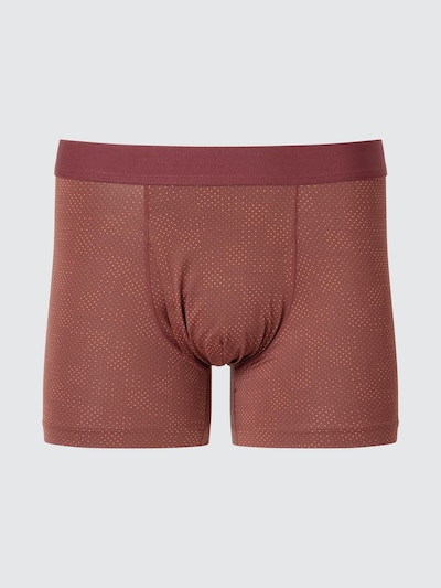 Front view of men's Airism boxer briefs (front-opening) in burgundy with a small dotted pattern.
