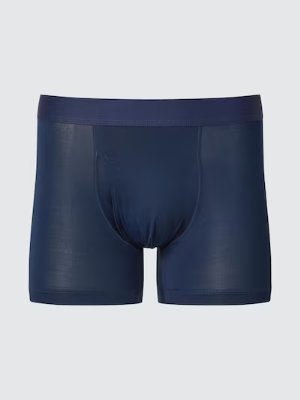 Front view of men's Airism boxer briefs showing the front-opening design in dark blue.