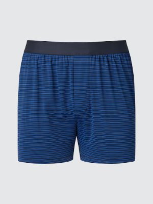 Front view of the men's Airism deodorant mesh boxer shorts in blue stripe showing an elastic waistband and front opening.