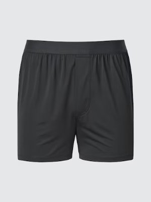 Front view of men's polyester Airism deodorant mesh front-opening boxer shorts in dark gray.