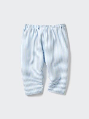 Blue-and-white striped children's leggings laid flat on a light background.