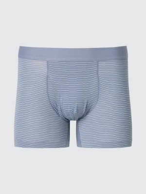 Front view of light-blue striped men's seamless boxer briefs on a gray background.