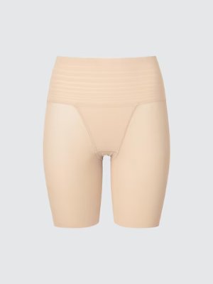 Front-facing beige Airism shaper shorts (smooth type) displayed on a plain background.