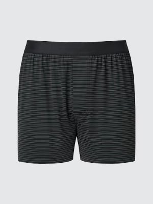 Front view of men's Airism striped trunks (front-opening) on a light gray background.