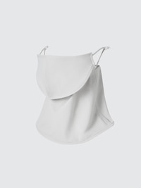 A light-colored Airism UV cut face cover mask with an extended neck flap photographed against a gray background.