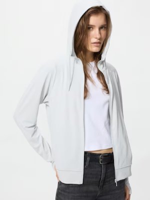Model wearing a light-colored Airism UV cut mesh full-zip hooded sweatshirt over a white top.