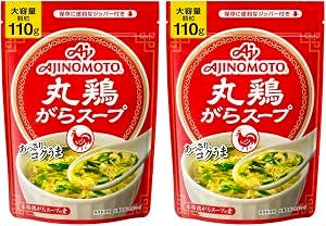 Two red pouches of Ajinomoto Marudori Gara powdered soup (110g each) shown side by side.
