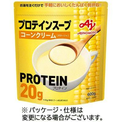 Yellow pouch packaging of Ajinomoto Protein Soup Corn Cream showing a bowl of soup, corn graphics, and a prominent "PROTEIN 20g" label.